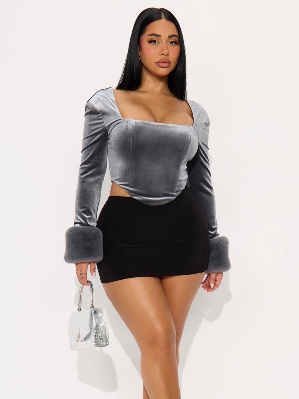 NWT Fashion Nova Size S Say Less Babe Velvet Faux Fur Top - Silver Grey